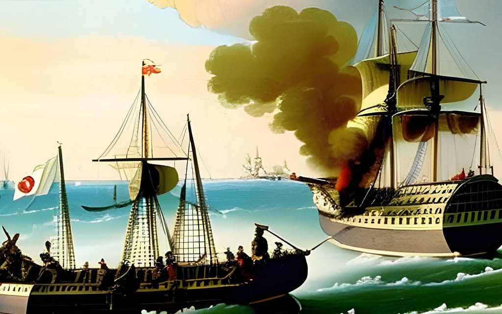 Illustration depicting the Battle of Colachel, showcasing naval warfare and heroic soldiers.